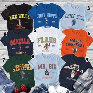 Comfort Colors Zootopia Varsity Shirt, Zootopia Characters Shirt, Nick Wilde Judy Hopps Finnick Flash Tee, Disneyland Cartoon, Birthday Gift image 2