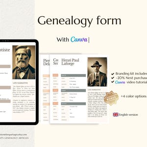 Afdrukbare CANVA-genealogiesjabloon voor onderzoek en werk, genealogie-organizer, familiegeschenk, direct te downloaden