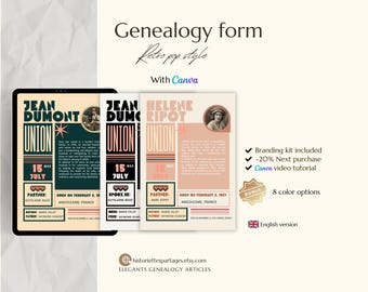 CANVA Ancestry Template to Print 8 color options, Genealogy Research and organizer, Family Gift, Genealogy tree to download instantly