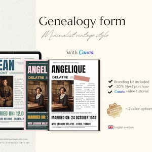 CANVA ancestry template, to print genealogy research and organizer, family gift, instant download, genealogy tree, 12 color options