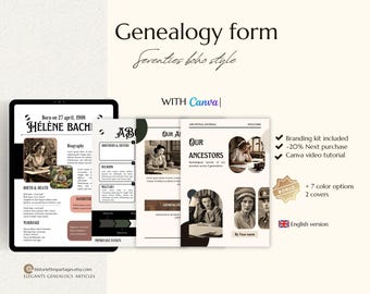 Formulaire généalogique organisateur CANVA imprimable à télécharger, pour recherche et travail en généalogie, 7 options de couleurs