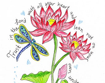 Proverbs 3:5, Scripture design, Lotus flower and dragonfly, digital download, printable art