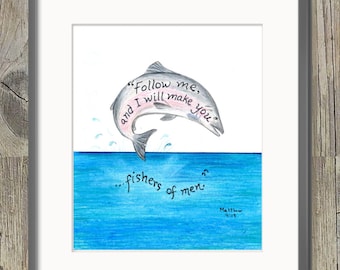 Fishers of Men Christian Art Print, Hand Lettered Scripture, Matthew 4:19 Decor