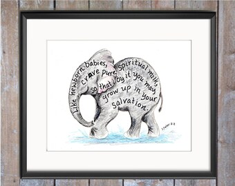 Baby Elephant Bible Verse art print, scripture design, hand lettered typography, wall art decor