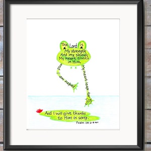 Frosch springend Schrift Design Kunstdruck, Christliche Wanddekoration, Farbstift Zeichnung