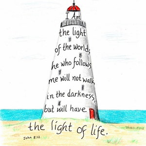 Lighthouse, Bible Verse art print, hand lettered typography, wall art decor, John 8:12 image 2