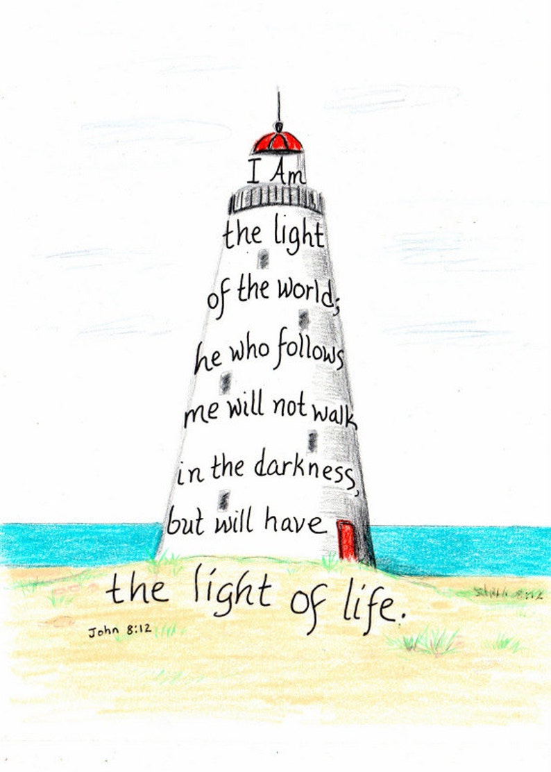 Lighthouse, Bible Verse art print, hand lettered typography, wall art decor, John 8:12 image 2