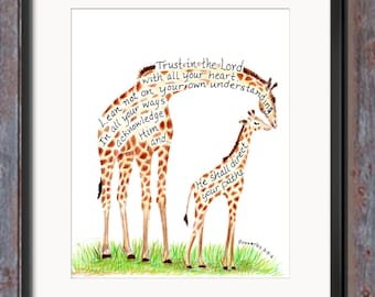 Giraffe and Baby scripture design inspirational art print