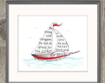 Impression d'art nautique inspirante avec verset biblique écrit à la main pour décoration murale