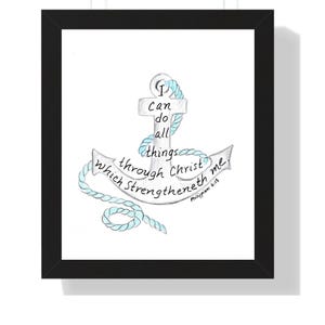 Puede incluir: Un dibujo en blanco y negro de un ancla con una cuerda azul envuelta alrededor. El ancla tiene las palabras "Puedo hacerlo todo por medio de Cristo que me fortalece. Filipenses 4:13" escritas en él.