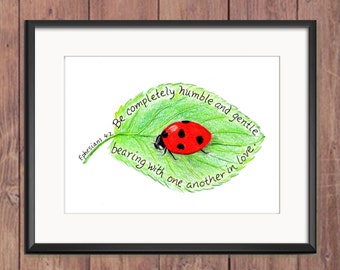 Ladybug, Bible Verse art print, scripture design, hand lettered typography, wall art decor