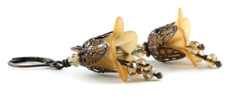 Orange lily flower and antique copper leverback earrings 160