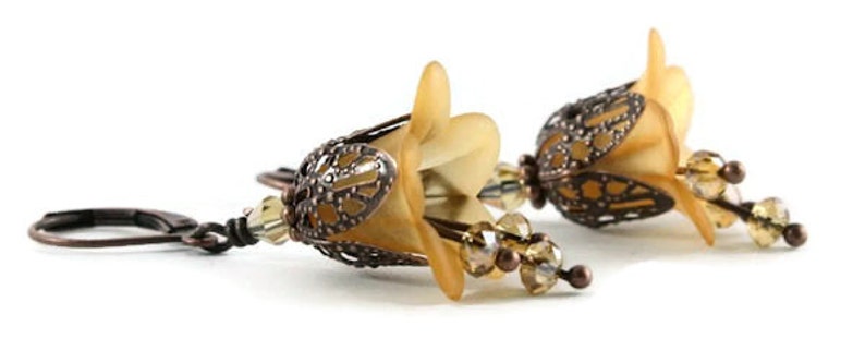 Orange lily flower and antique copper leverback earrings 160