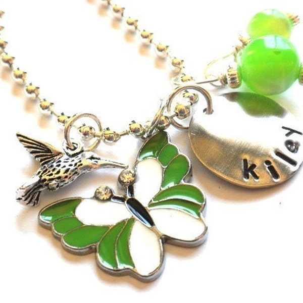 Hand Stamped Personalized Necklace - Custom Green Butterfly Charmer
