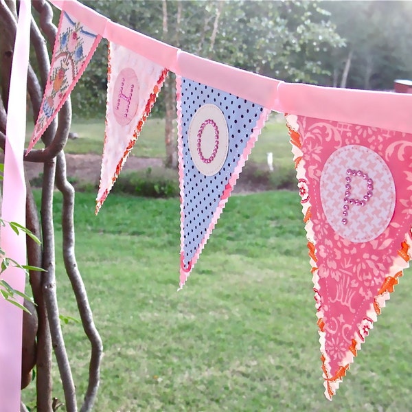 Breast Cancer HOPE flag banner, vintage linens, fancy papers, fun fabrics