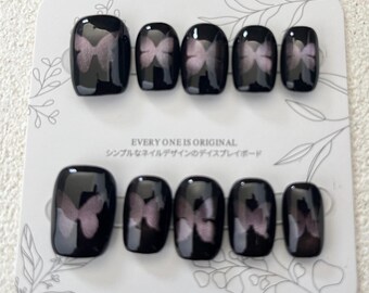 Handmade Hollow Purple Butterfly Cat-Eye Press on Nail, Short Square Nail, Lively Butterfly Art Nail, Salon Quality Nails, Ins Pretty Nail
