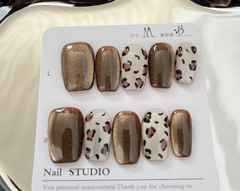 Handmade Leopard-print Cat-Eye Press On Nail, Short Square Shape, Ins Art Design, Custom Luxury Nail Art, Handmade False Nail, Gel Nail Art
