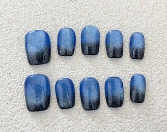 10pcs Handmade Blue-Galaxy Cat-Eye Press On Nails, Short Squar Shap, Gradient Black with Silver Blue Color, Ins Art Design