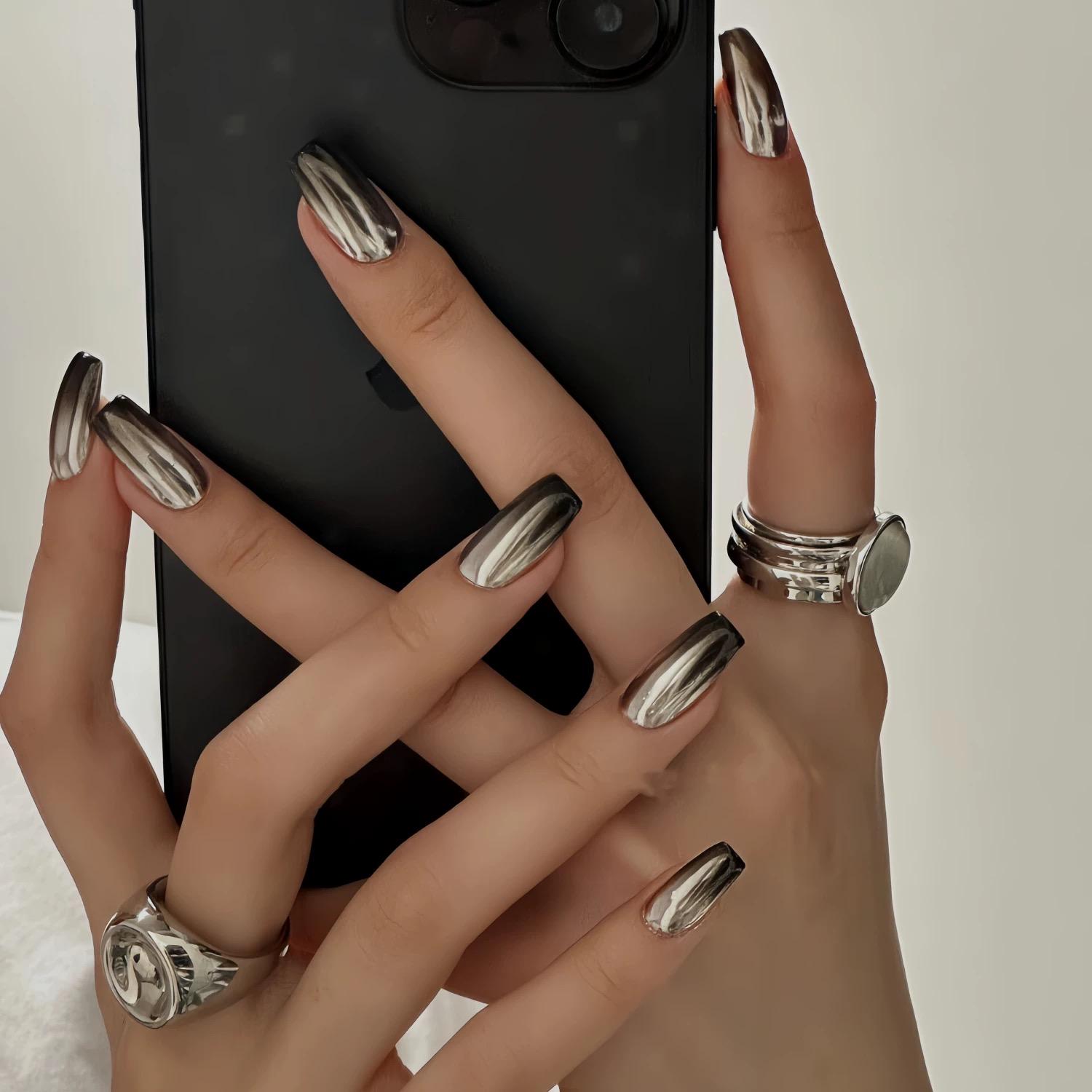 10pcs Handmade Gradient Dark-Silver Press On Nail, Medium Square Shape, Ins Art Design, Custom Luxury Nail Art, Gel Nail Art