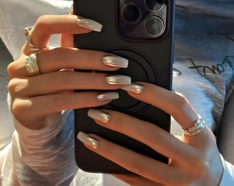 Handmade Gradient Silver-White Press On Nail, Medium Coffin Shape, Ins Art Design, Luxury Nail Art, Handmade False Nail, Gel Nail Art