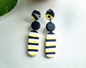 Bridget Earrings | Polymer Clay Earrings, Statement Earrings | Black / White / Yellow / Gray