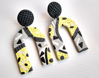 Meg Earrings | Polymer Clay Earrings, Statement Earrings | Black / White / Yellow / Gray