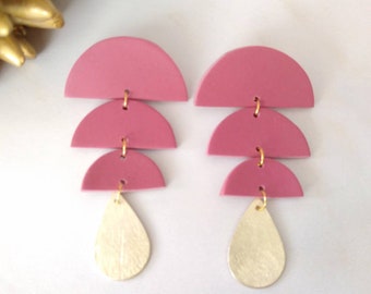 Dusty Rose Mauve and Gold Modern Polymer Clay Statement Earrings