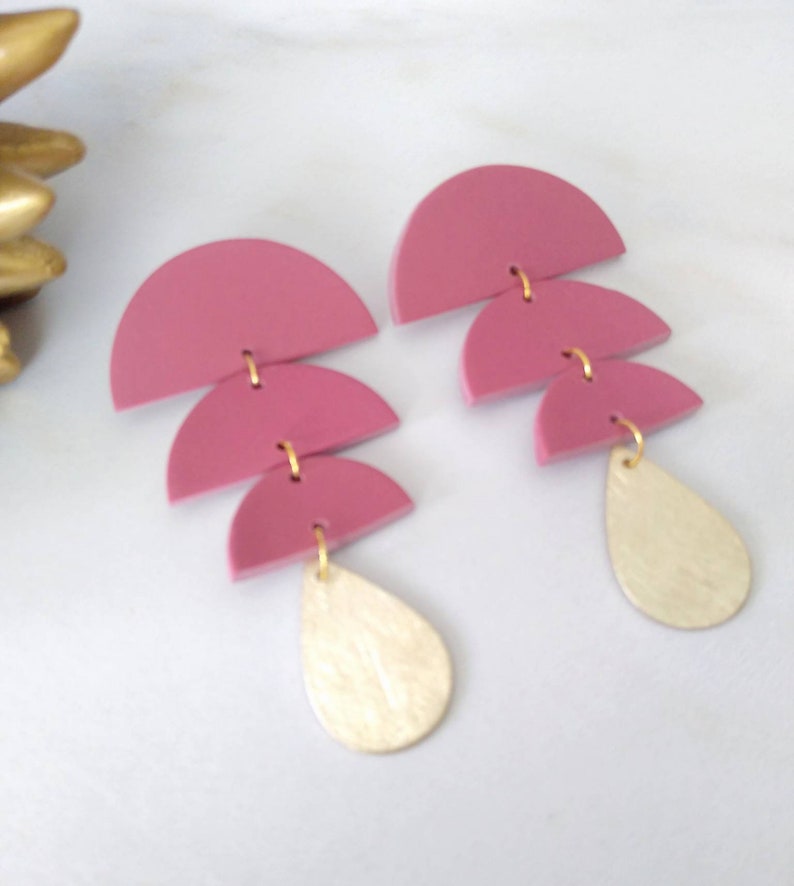 Dusty Rose Mauve and Gold Modern Polymer Clay Statement Earrings