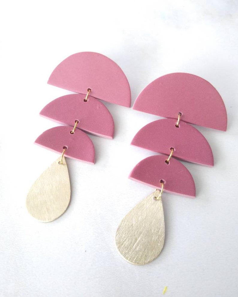 Dusty Rose Mauve and Gold Modern Polymer Clay Statement Earrings