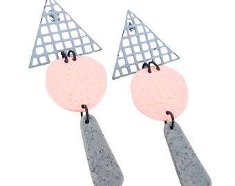Handmade Memphis Design Polymer Clay Dangle Earrings - Peach and Gray