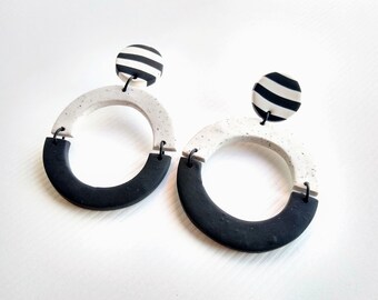 Monica Hoop Earrings | Polymer Clay Earrings, Statement Earrings | Black / Speckled White / Granite