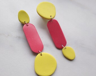 Modern Polymer Clay Statement Earrings - Abstract - Minimalist -Asymmetric -Yellow - Coral