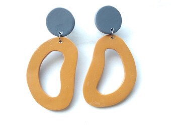 Mustard Yellow + Gray Organic Modern Polymer Clay Statement Earrings