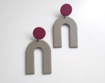 Oxblood - Speckled Olive Arch  Earrings - Polymer Clay - Minimal