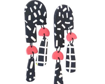 Postmodern Handmade Polymer Clay Dangle Earrings Memphis Design Style - Black and White