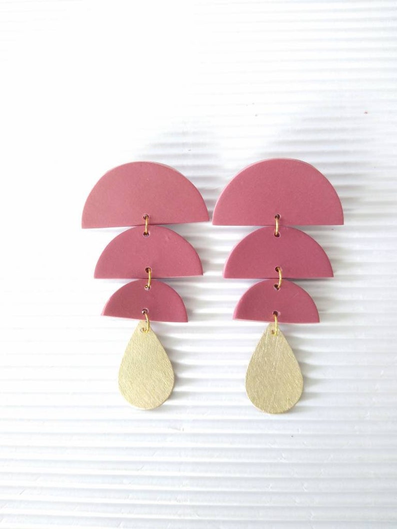 Dusty Rose Mauve and Gold Modern Polymer Clay Statement Earrings
