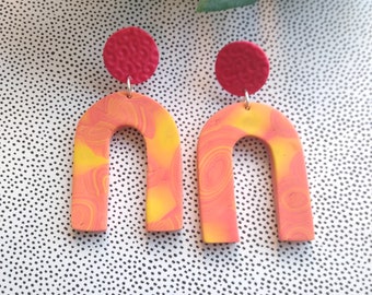 Tangerine Dream Arch Earrings |Polymer Clay Earrings, Statement Earrings  / Raspberry / Orange / Yellow/ Marbled