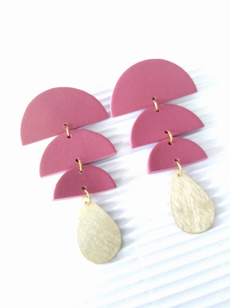 Dusty Rose Mauve and Gold Modern Polymer Clay Statement Earrings