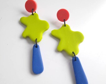 Splat! Pop Art Abstract Earrings - Polymer Clay - Green - Blue - Orange