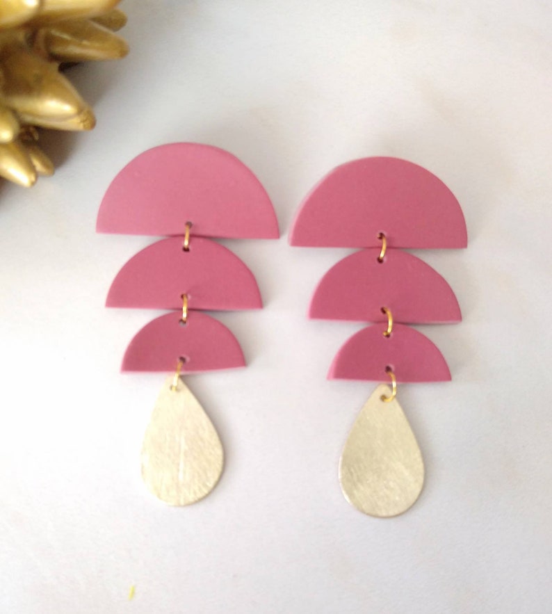 Dusty Rose Mauve and Gold Modern Polymer Clay Statement Earrings
