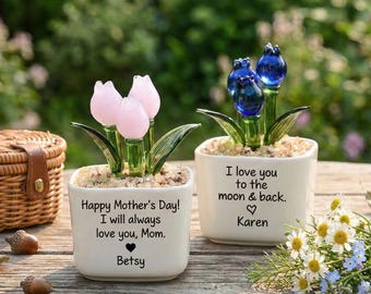 Glass Tulip Flower Pot for Mum, Mother’s Day Gift Ideas, Custom Glass Keepsake for Her, Gift from daughter, Glass Sculptures gift for her