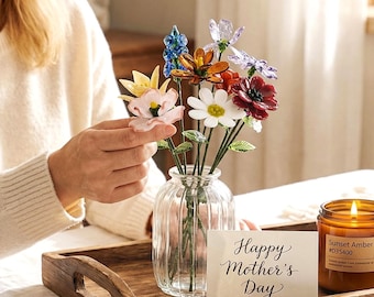 Ramo de flores de vidrio soplado hecho a mano para el mes de nacimiento, ideas de regalo para el día de la madre, flores de vidrio soplado personalizadas, flores de vidrio de colores, regalo para ella