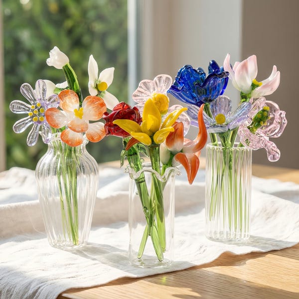 Personalized Birth Month Glass Flowers, Mini Glass Bouquet With Vase, Mini Floral Gift for Mom Grandma Her, Mother's Day gift, Birthday gift