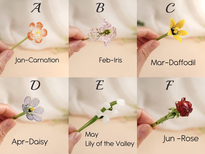 May include: Six glass flower sculptures are displayed, each held by a hand. The flowers include a carnation, iris, daffodil, daisy, lily of the valley, and rose. Each flower has a green stem and is labelled with its name and month.