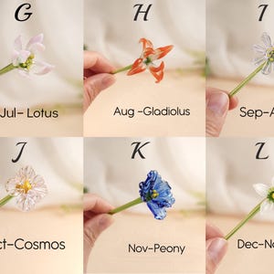 May include: Six glass flower sculptures are displayed, each held by a hand. The flowers are a lotus, gladiolus, aster, cosmos, peony, and narcissus, with months of the year labelled below each flower. Each flower is a different colour.