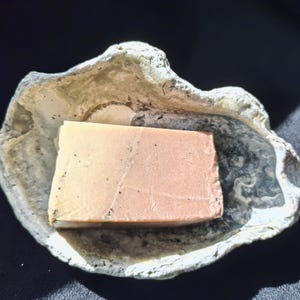 Puede incluir: Una pastilla de jabón rectangular descansa en una concha de ostra decorativa de color blanquecino. El jabón tiene un degradado de colores, pasando del amarillo claro al marrón rojizo. La concha tiene una superficie texturizada.