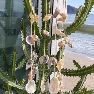 Puede incluir: Un móvil de conchas marinas con una estética costera natural. El móvil presenta varias conchas marinas suspendidas de hilo, unidas a una cuerda trenzada y una parte superior de paja. El fondo incluye un cactus y una vista del océano y la playa.