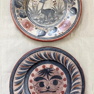 Vintage Mexican Folk Art Ceramic Wall Plates Set Hand Painted Decorative Pottery Rustic Boho Home Decor Collected Wall Art