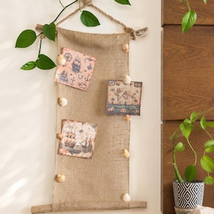 Coastal Memory Board with Driftwood & Seashells Burlap Photo Display Ocean Inspired Boho Wall Decor