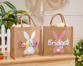 Personalized Easter Bunny Tote Bag, Custom Yarn Name Easter Bag, Kids Egg Hunt Bag, Easter Bunny Basket, Easter Gift Bags
